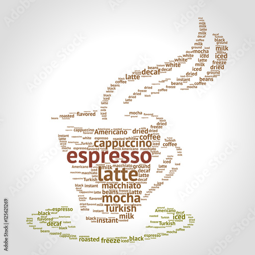 Espresso word cloud concept in shape of cup on gradient background. Vector illustration.