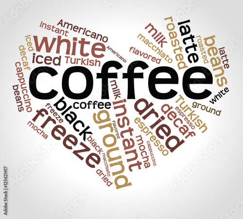 Coffee word cloud concept in shape of heart on gradient background. Vector illustration.