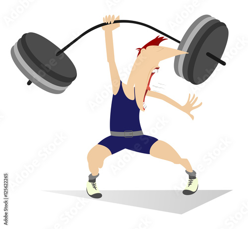 Weightlifter. Cartoon man lifting a heavy weight by one hand
