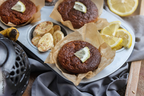 Vegan Muffins with lemon and lemon in bakeware