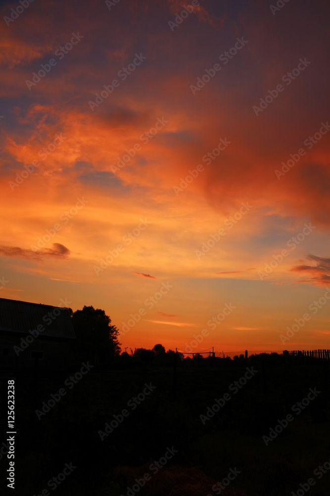 Rustic sunset in scarlet colors with dense clouds on evening sky. Vertical orientation Rustic sunset in scarlet colors with dense clouds on evening sky. Vertical orientation