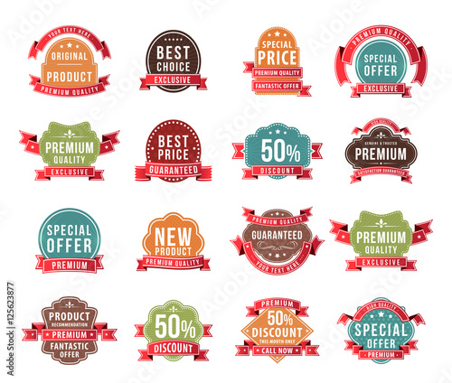 Set of 16 Modern High Quality Labels with Ribbons on White Background. Vector Isolated Illustration.
