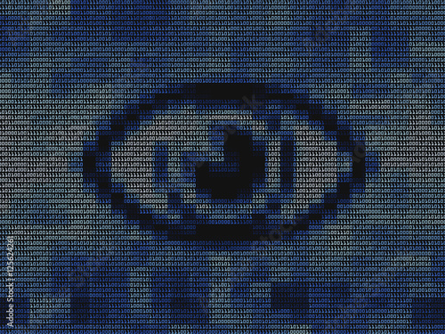 Eye symbol in digital background. Concept of virtual reality or internet surveillance