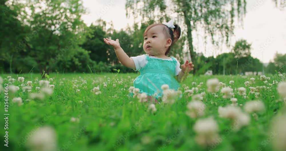 Asian little child sitting on the grass in the Park