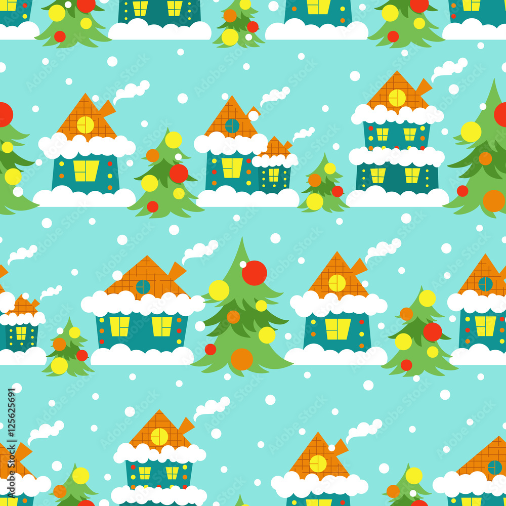 Seamless Christmas background of village houses and trees