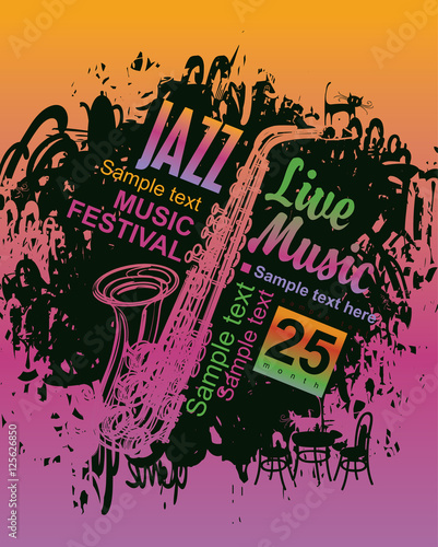 banner music poster with jazz festival an saxophone on grungy background