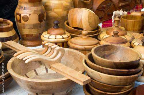 Beautiful wooden household objects. Wooden kitchen utensils. © deyana