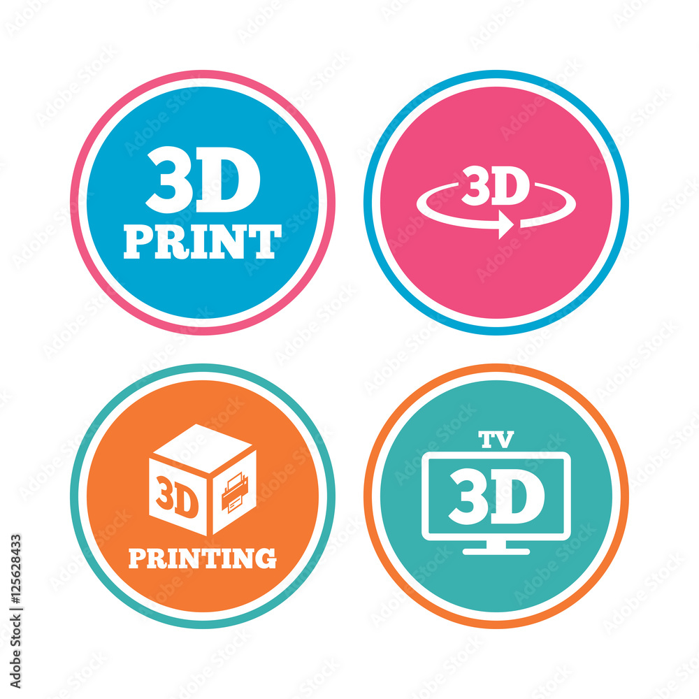 3d technology icons. Printer, rotation arrow sign symbols. Print cube. Colored circle buttons. Vector 3d technology icons. Printer, rotation arrow sign symbols. Print cube. Colored circle buttons. Vector