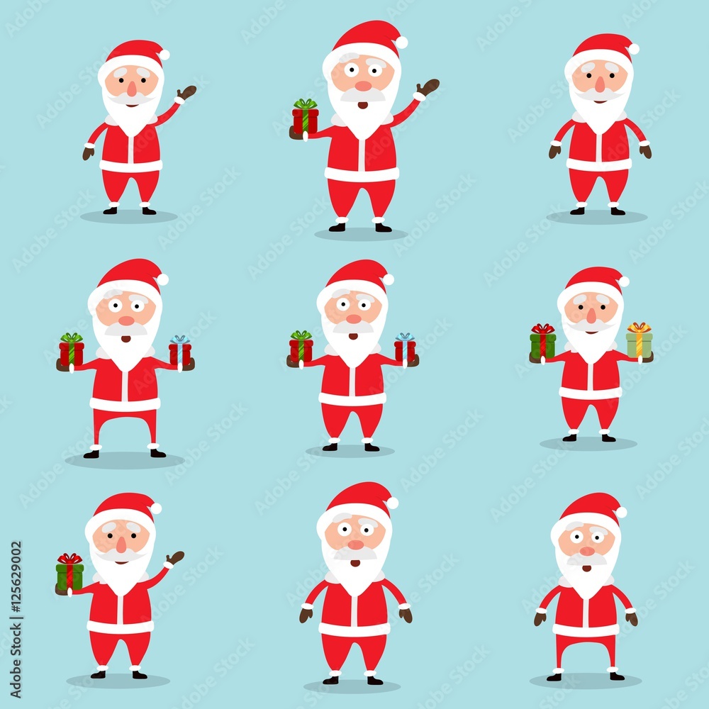 Fototapeta premium Collection of Christmas Santa Claus in flat and cartoon style. Abstract blue sky background. Vector illustration.