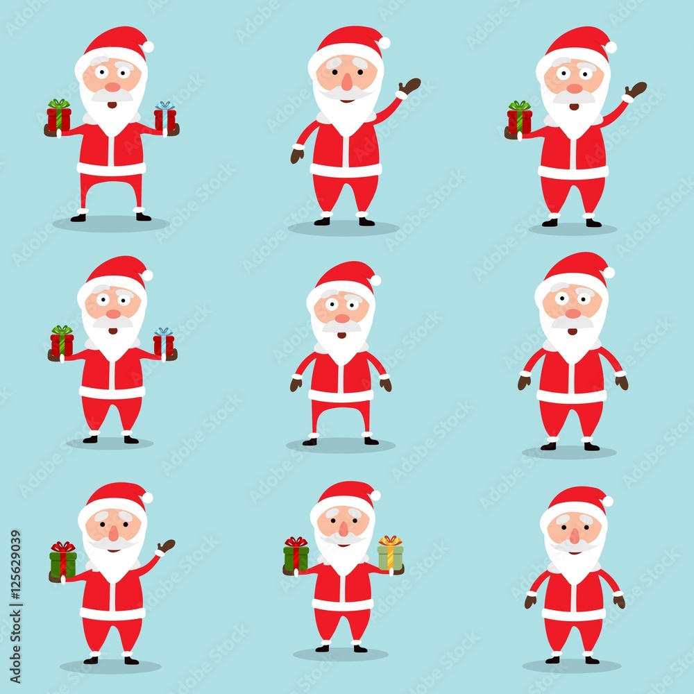 Fototapeta premium Collection of Christmas Santa Claus in flat and cartoon style. Abstract blue sky background. Vector illustration.