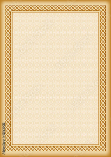 Decorative frame in Arabic style and background with tangier grid, template for certificate or diploma. A4 page size.