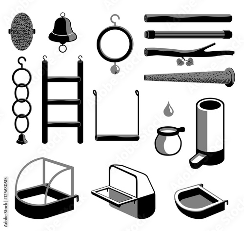 Isolated accessories for parrot, canary or other bird in cage. Vector illustration of perch, wood branch, bell, trough, feeder, drinking bowl, plaything, toy, ladder, bath, ring for pets. Icon set.