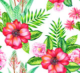 seamless pattern with rose, camellia, succulents.