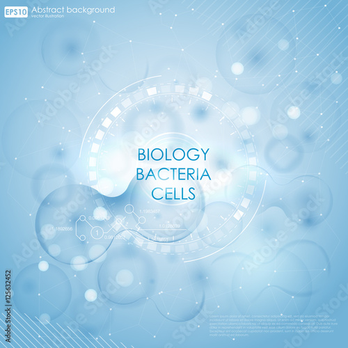 Science background with cells HUD. Blue cell background. Life and biology, medicine scientific, bacteria, molecular research DNA. Vector illustration 10eps.