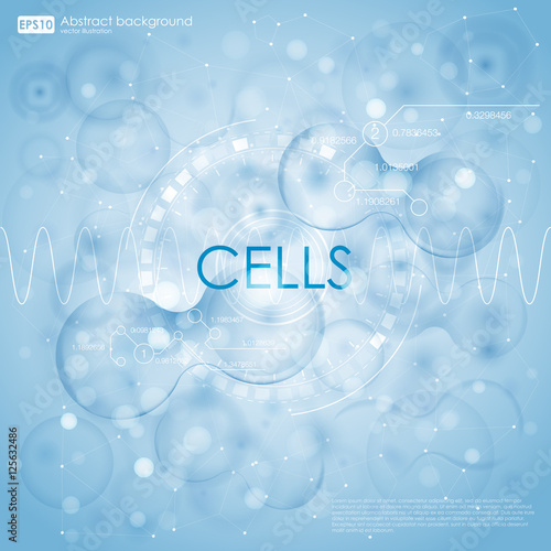 Science background with cells HUD. Blue cell background. Life and biology, medicine scientific, bacteria, molecular research DNA. Vector illustration 10eps.