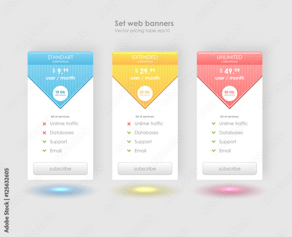 Three tariffs web banner. Interface for site, ui, ux, app. Pricing table, banner, order, box, button, list and bullet with plan for website in flat design, style Three tariffs web banner. Interface for site, ui, ux, app. Pricing table, banner, order, box, button, list and bullet with plan for website in flat design, style