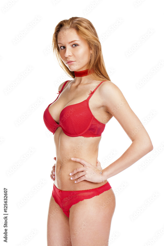 Obraz premium young blonde woman posing in red underwear