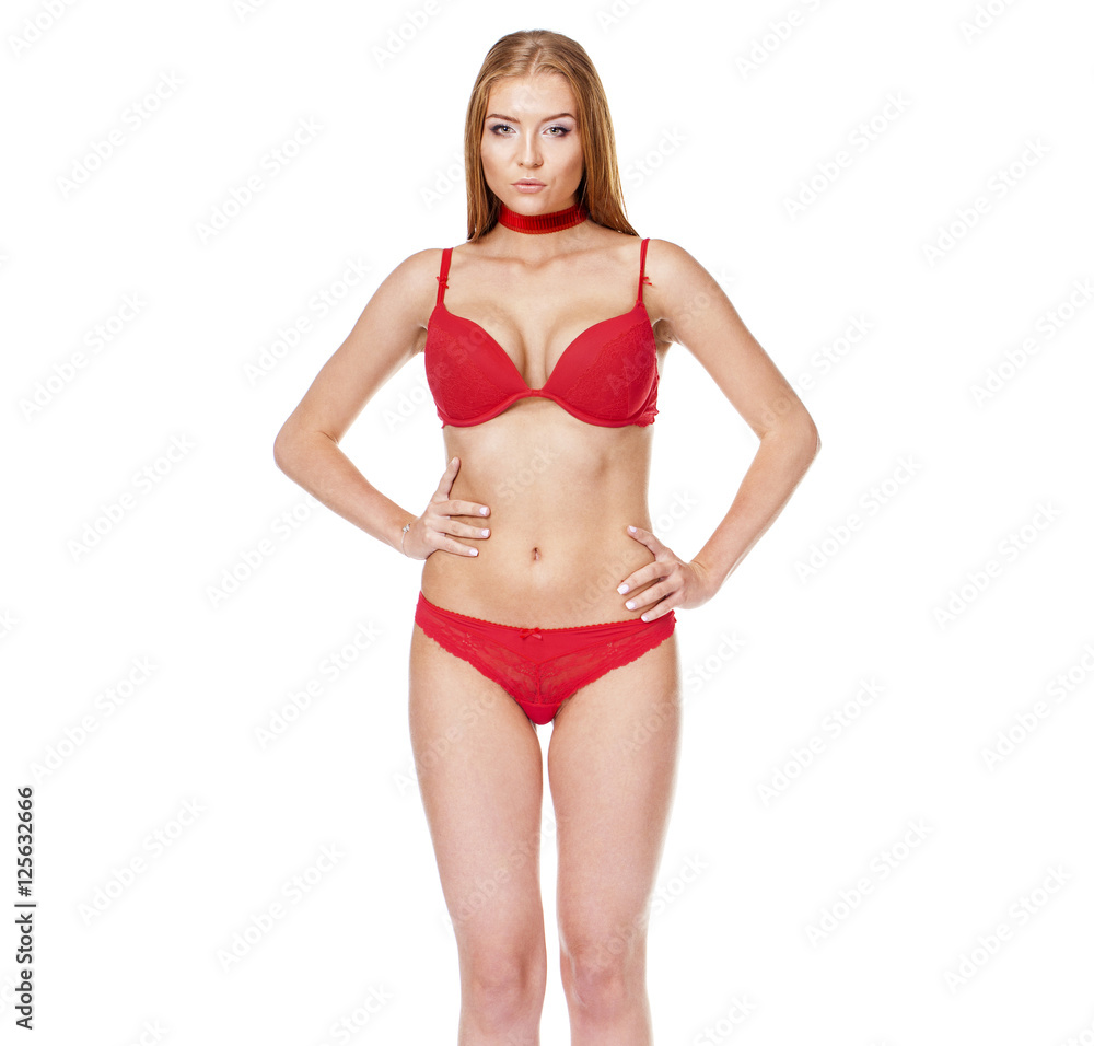 young blonde woman posing in red underwear