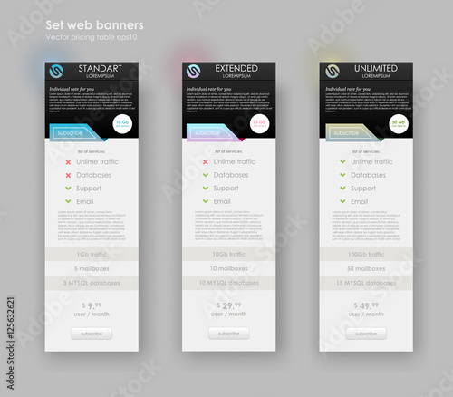 Three tariffs web banner. Interface for site, ui, ux, app. Pricing table, banner, order, box, button, list and bullet with plan for website in flat design, style