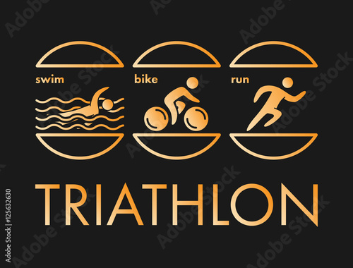 Triathlon logo and icon. Gold figures triathlete