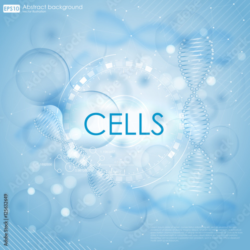 Medical background with DNA and cells. Science background with cells HUD. Blue cell background. Life and biology, medicine scientific, bacteria, molecular research DNA.