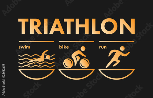 Triathlon logo and icon. Gold figures triathlete
