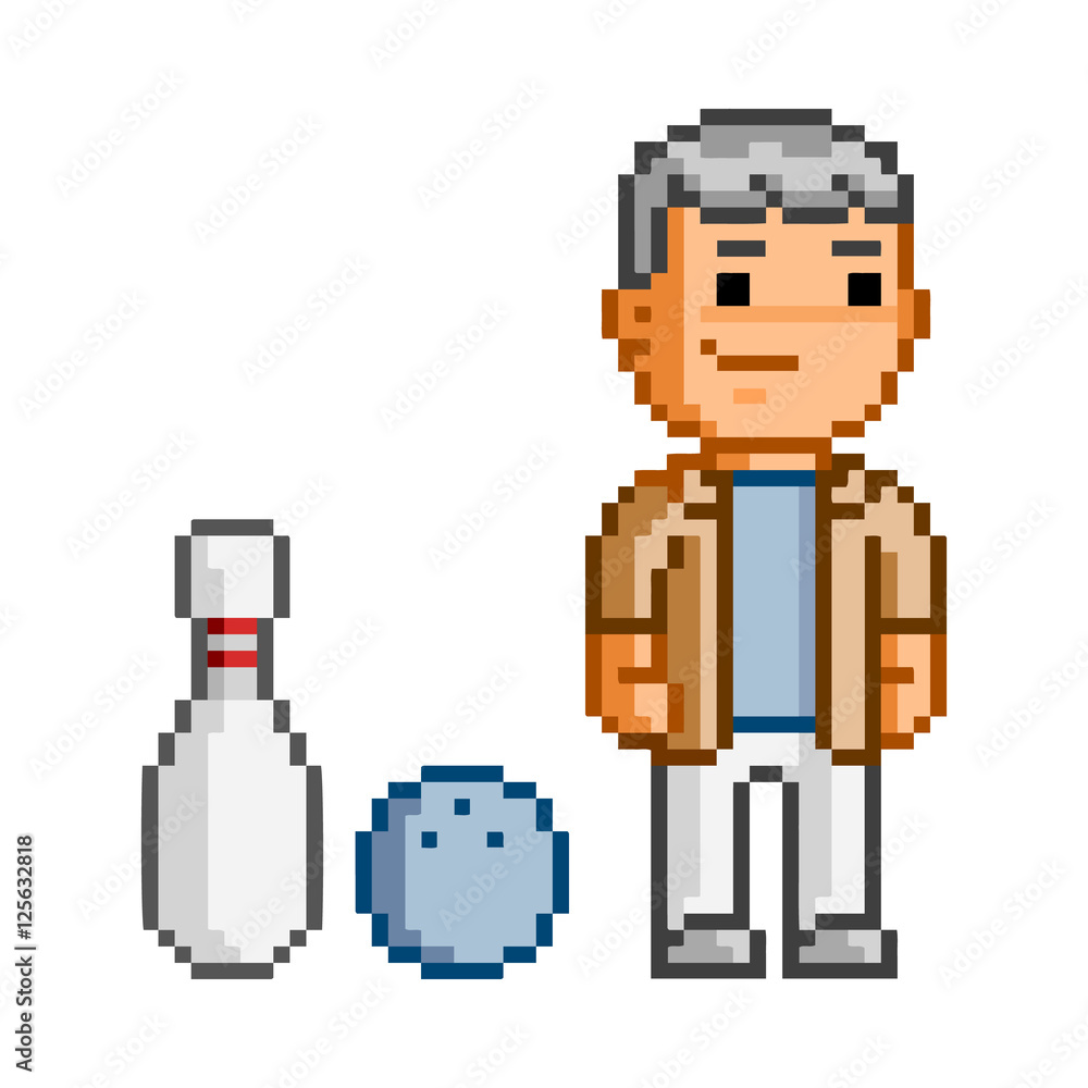 Pixel art man and bowling. Pixel art man and bowling.