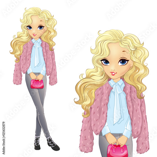 Blonde Girl In Fur And Jeens