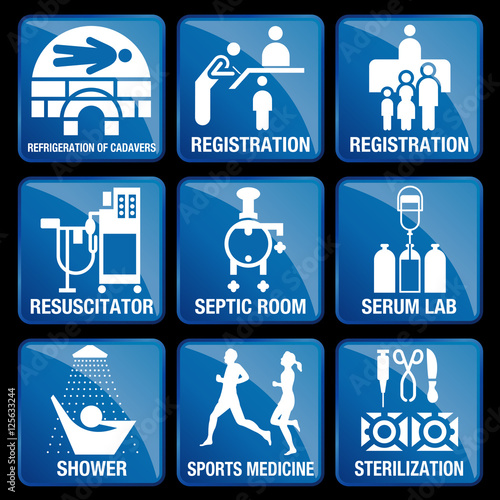 Set of Medical Icons in blue square background - REFRIGERATION OF CADAVERS, REGISTRATION, RESUSCITATOR, SEPTIC ROOM, SERUM LAB, SHOWER, SPORTS MEDICINE, STERILIZATION