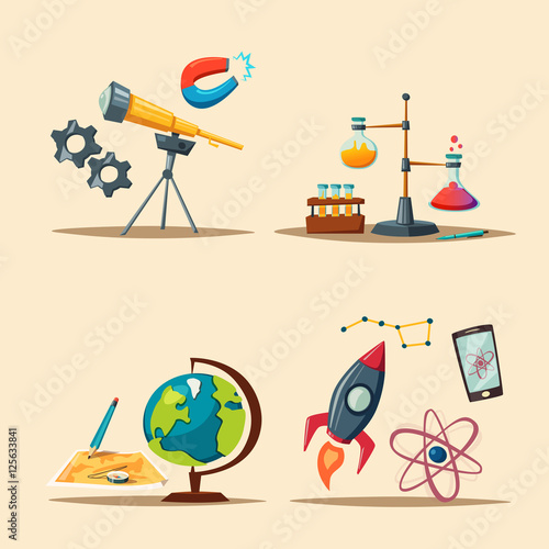 Set of science logo. Cartoon vector illustration. Education theme
