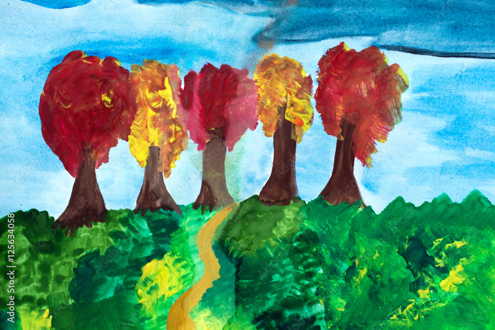 trees landscape painted by a child