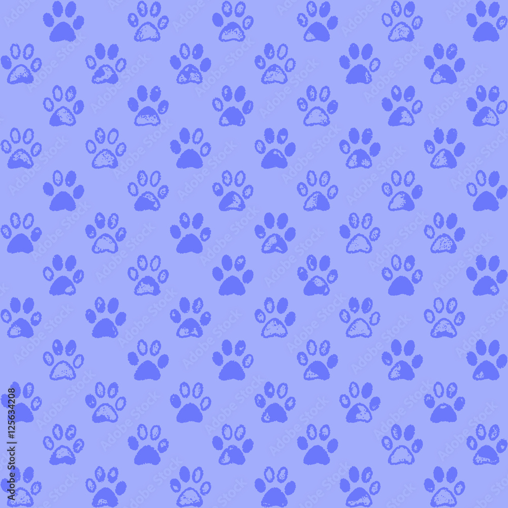 Paw prints in blue, a seamless background pattern