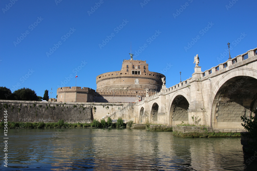 The Mausoleum of Hadrian, usually known as the Castle of the Holy Angel (Castel Sant Angelo), and bridge over Tiber river, Rome, Italy
