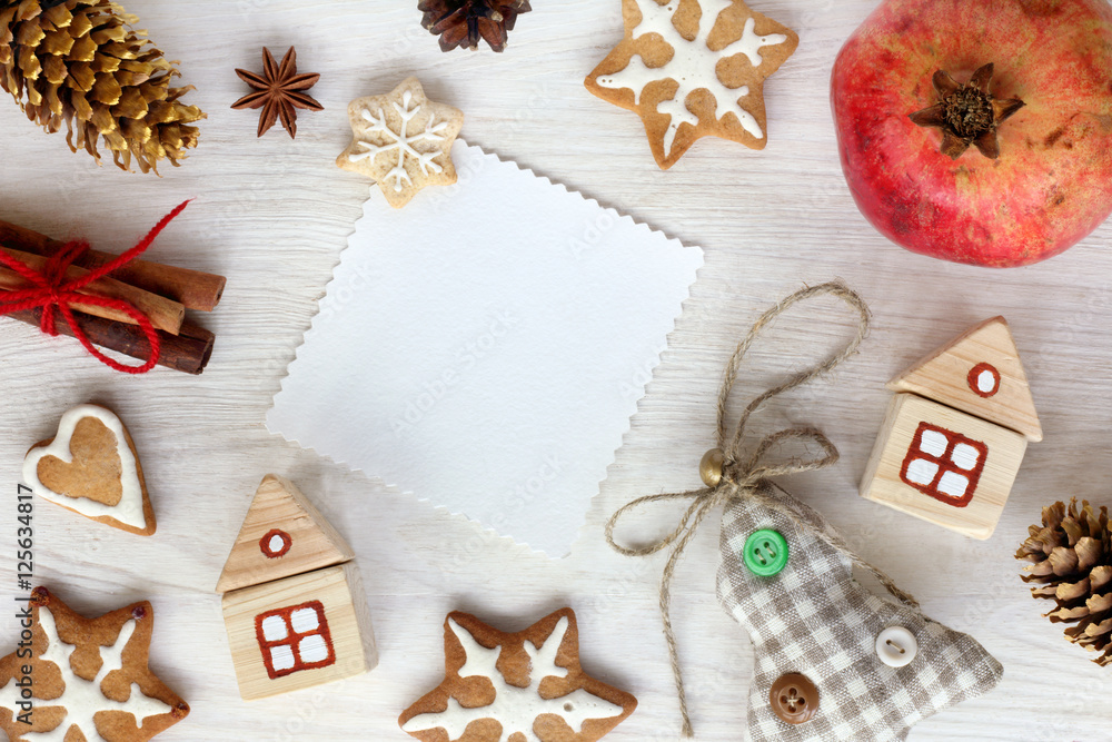 Obraz premium atmosphere of winter holidays/ flat layout of the festive Christmas items top view 