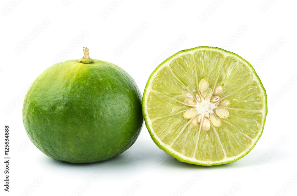 Fresh lime fruit and half of lime on white background Fresh lime fruit and half of lime on white background