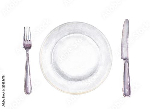 Set for meal. Fork, plate and knife isolated on white. Hand drawn watercolor illustration.