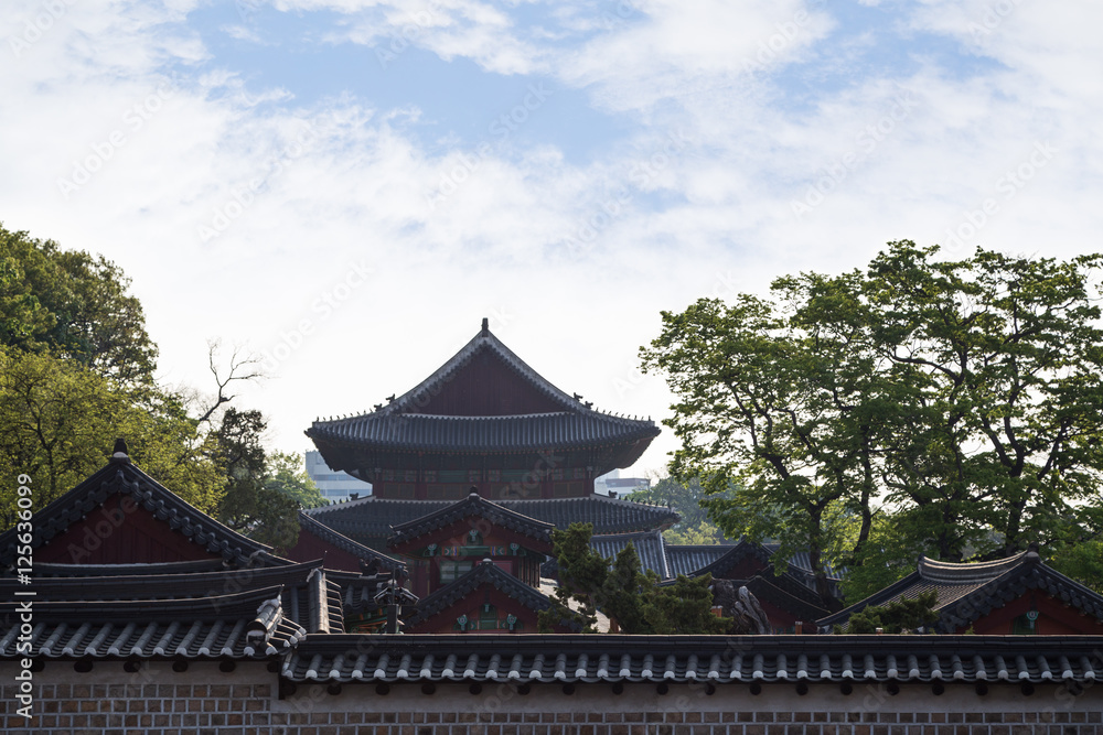 View of buildings' roofs at the Changdeokgung Palace behind a surrounding wall in Seoul, South Korea. Copy space. View of buildings' roofs at the Changdeokgung Palace behind a surrounding wall in Seoul, South Korea. Copy space.