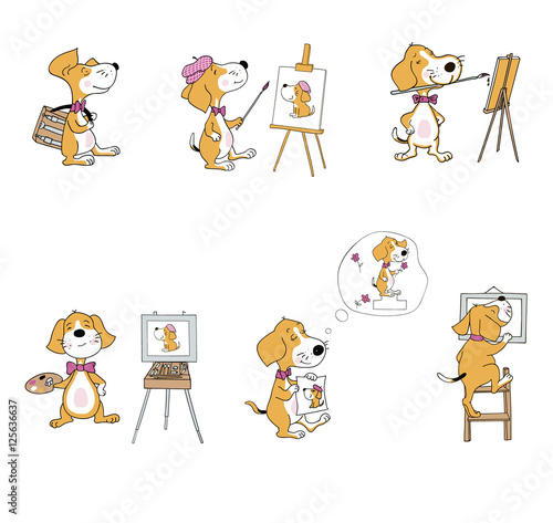 Vector set of cartoon dogs with painting materials. Cute fine art painter. Character for hobby classes. Mascot.