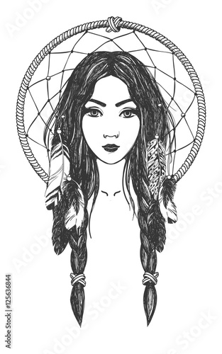 Woman with feathers and dreamcatcher.