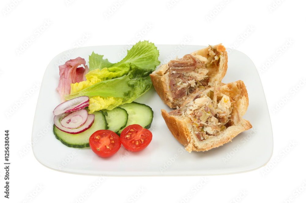 Chicken and ham pie with salad
