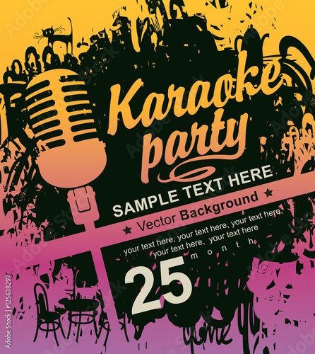 banner with microphone for karaoke parties on the background of colored spots