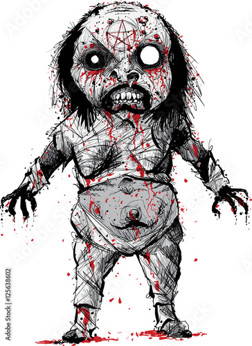 A cartoon character of a bloody, demonic, mummified evil witch rising from the dead.