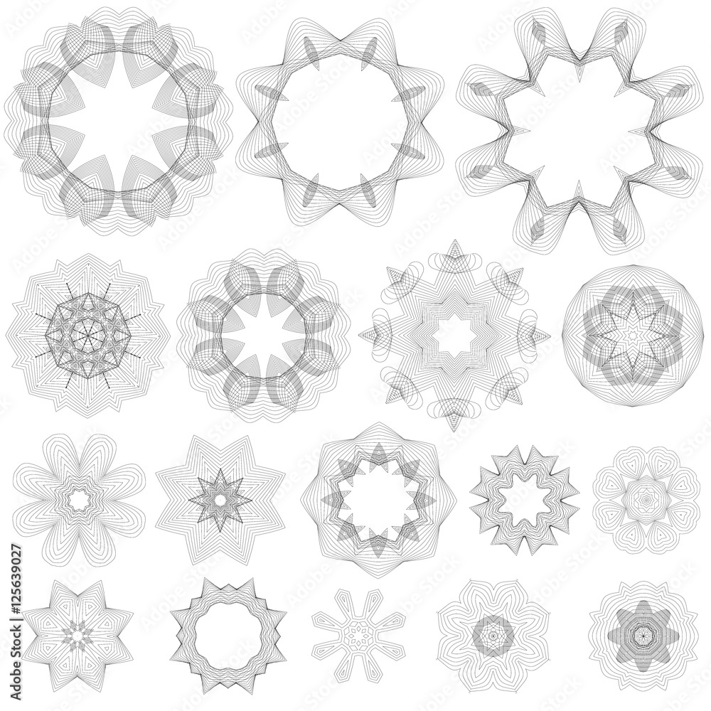 Set of Guilloche Decorative Elements Isolated on White Background. Rosettes Collection Set of Guilloche Decorative Elements Isolated on White Background. Rosettes Collection