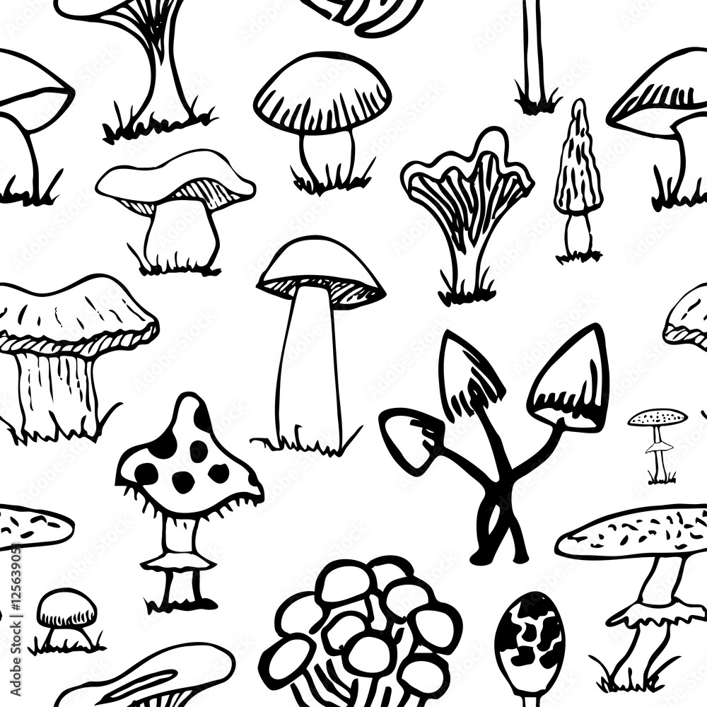 Fototapeta premium Set of silhouettes of cute cartoon mushrooms isolated on white background.