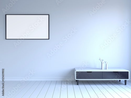 3d interior mockup,framed poster on wall.side table with vases on the wooden floor. 3d rendering. 3d illustration