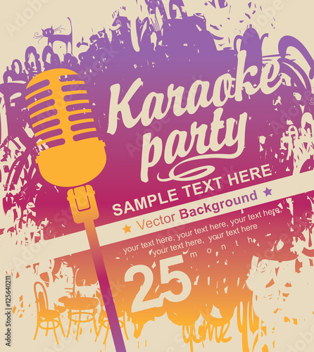 banner with microphone for karaoke parties on the background of colored spots