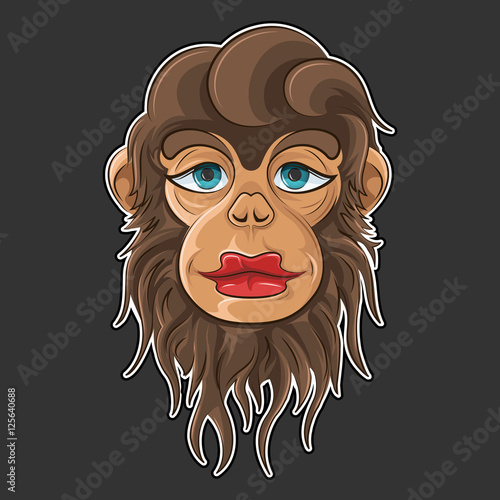 Cartoon monkey face. Female monkey with beautiful red lips