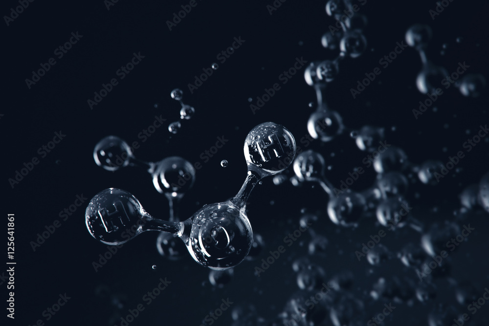 Water molecules on dark background - Creative abstract 3d illustration - obrazy, fototapety, plakaty 