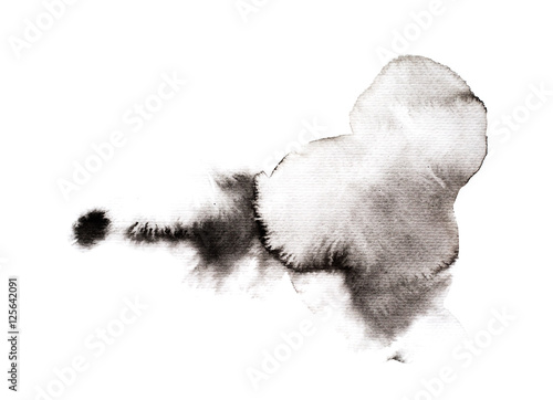 Art of Watercolor. Black ink blot isolated on watercolor paper. Gray color. Abstract background and illustration texture for design.