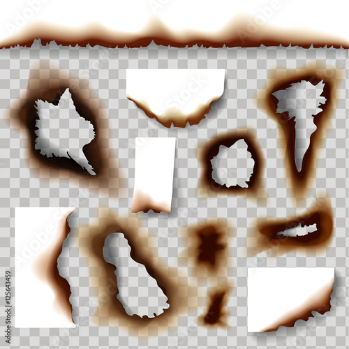 Burnt holes set or realistic scorched piece of paper on transparent background vector illustration